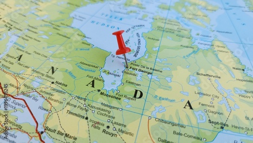 View of Fort George, was a military fortification in Niagara-on-the-Lake, Ontario, Canada, on a geographical map of America, marked with red push pin
