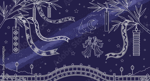 Japanese Tanabata Festival Night Sky with Starry River and Couple