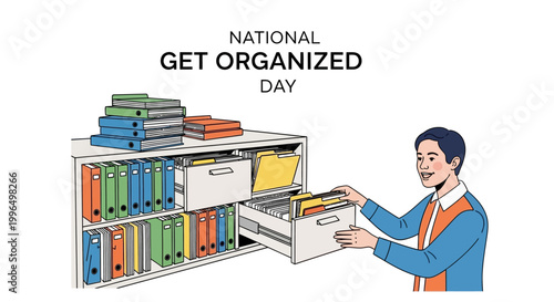 On National Get Organized Day, a man is depicted organizing files into a drawer, with a cabinet full of folders and binders shown in a flat vector illustration promoting a tidy workspace