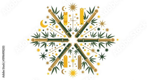 Japanese Tanabata Festival Starburst with Bamboo and Stars