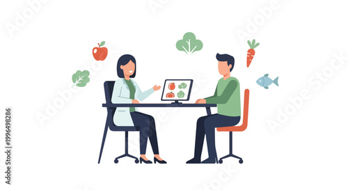 An illustration showing a professional nutritionist consulting with a male patient about healthy diet options using a computer in an office.