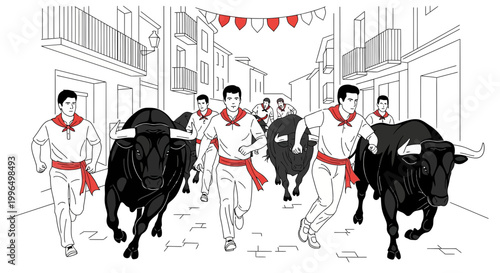 Running Bulls and Men in Spanish Street Festival, Traditional Event