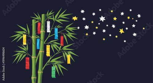 Tanabata Bamboo Tree with Colorful Wishes and Starry Night Sky