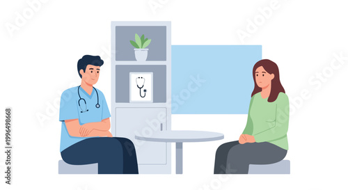A male doctor in blue scrubs sits with a female patient in a medical office, having a supportive consultation about her health concerns.