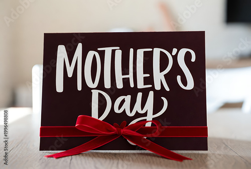 A close-up shot of a dark red Mother's Day card with white script lettering and a red velvet ribbon tied in a bow, resting on a wooden table.