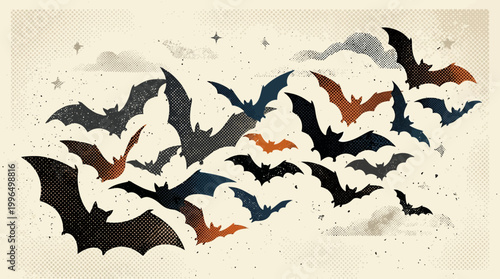 A swarm of flying bats in a stylized artistic composition.