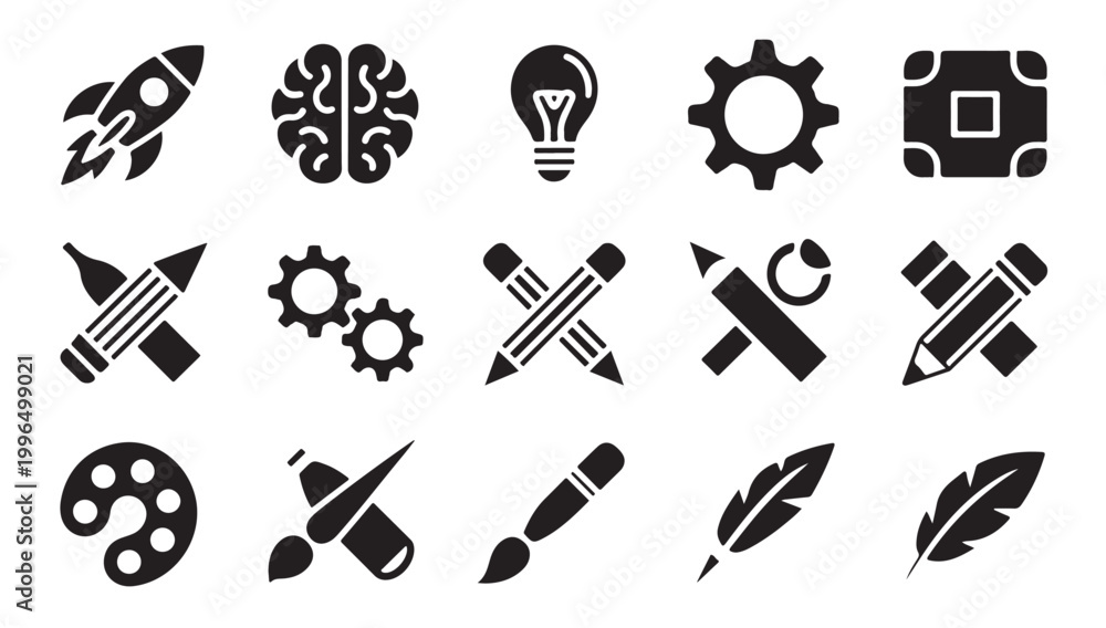 Fototapeta premium Creative workspace icons for startup innovation and professional branding design projects set.