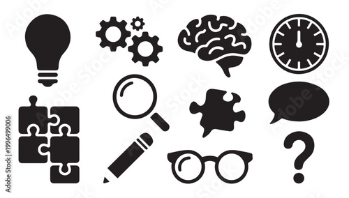 Problem solving and mental process icon collection with magnifying glass and puzzle elements.