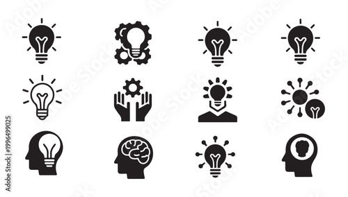 Brainstorming and insight icons featuring light bulbs and human head silhouettes for business.