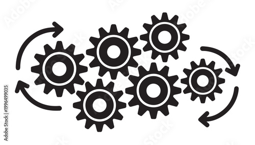 Interlocking gears with circular arrows depicting synchronized industrial workflow and progress.