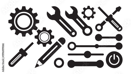 Tools for creation and repair with gears and adjustment sliders vector icons.