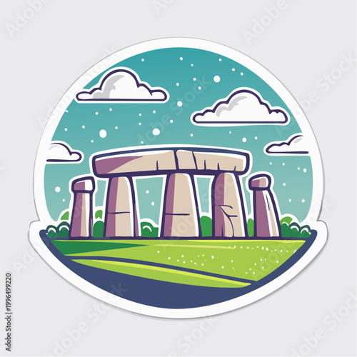 Stylized illustration of Stonehenge under a cloudy sky