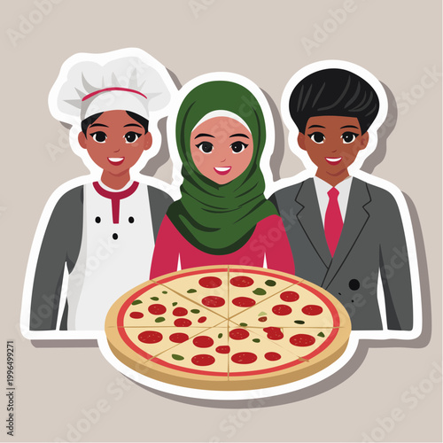 Diverse group of people with a pizza