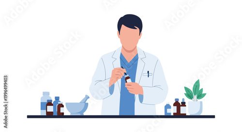 A professional pharmacist wearing a white lab coat is preparing medicine using a dropper bottle at a desk with various pharmaceutical supplies.