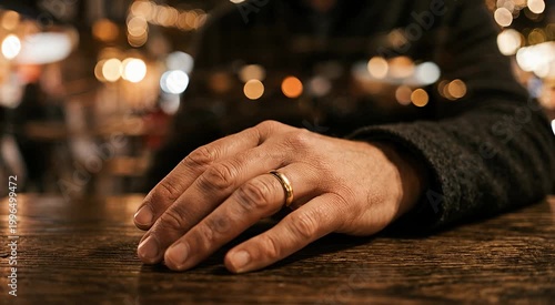 Man hand wearing gold wedding ring on wooden table at night