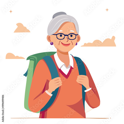 Elderly Woman with Backpack Ready for Travel