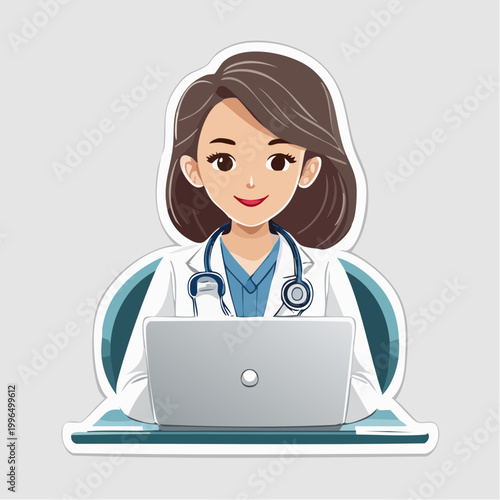 Cartoon Doctor Woman Working on Laptop