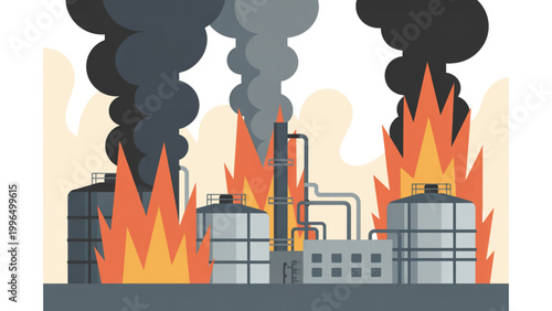 Energy infrastructure damage concept showing refinery explosion, fire flames and black smoke representing global fuel crisis flat vector