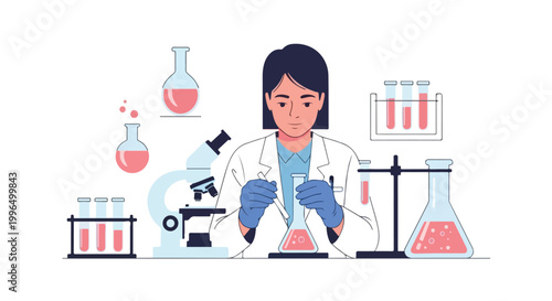 A female scientist in a white lab coat and blue gloves performs an experiment using various flasks, test tubes, and a microscope in a laboratory.