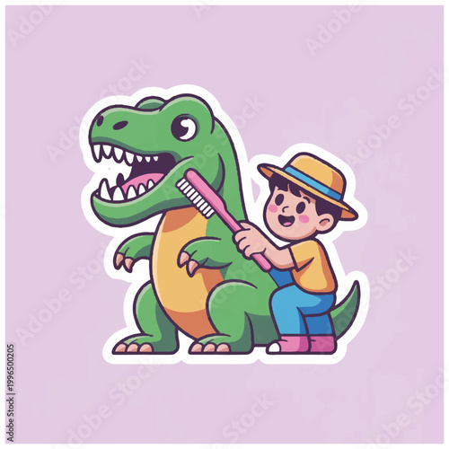 Cute cartoon boy brushing teeth of a friendly green dinosaur.