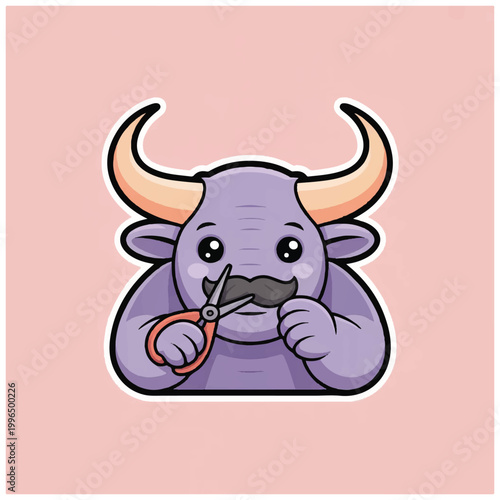 Cute cartoon bull character trimming its mustache with scissors.