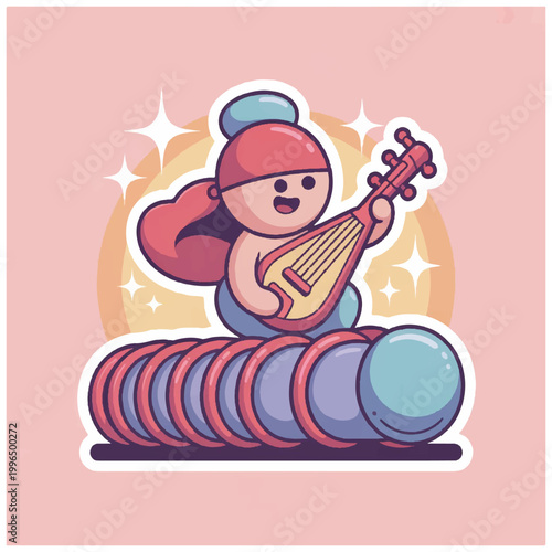 Cute cartoon character playing a traditional stringed instrument.