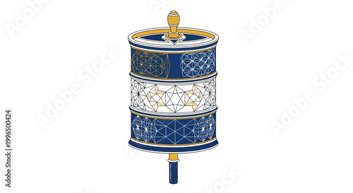 Detailed blue and gold prayer drum.