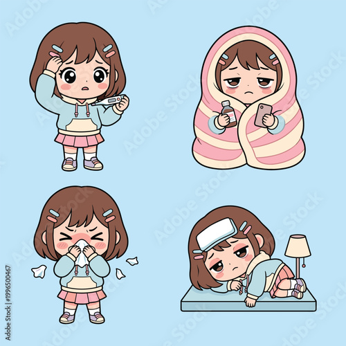 Girl feeling sick and unwell with various symptoms