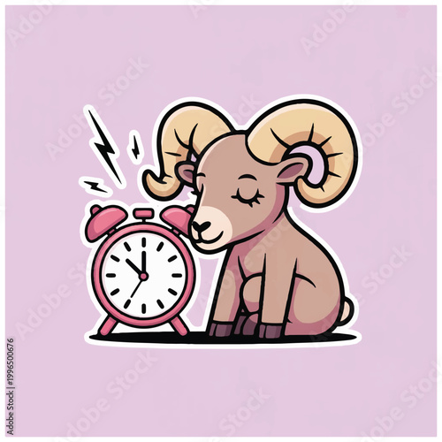 Cute Cartoon Ram Sitting Beside a Pink Alarm Clock.