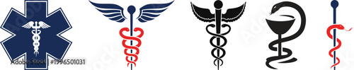 Medical and healthcare symbols collection featuring vector caduceus, rod of asclepius and bowl of hygieia, perfect for health, hospital, pharmacy and medical illustration projects in vector style.