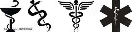Medical and healthcare symbols collection featuring vector caduceus, rod of asclepius and bowl of hygieia, perfect for health, hospital, pharmacy and medical illustration projects in vector style.