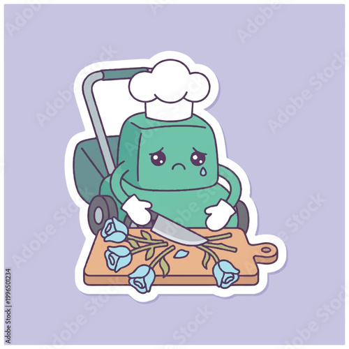 Sad Chef Character Cutting Flowers on Cutting Board.