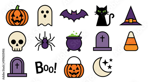 Halloween icons and symbols in various shapes and colors