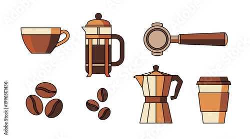 Coffee and coffee maker icons with beans