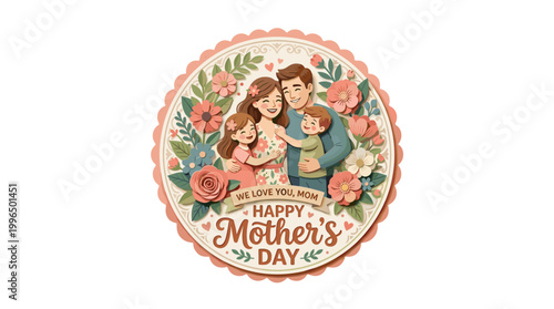 Happy mothers day greeting card with family and flowers