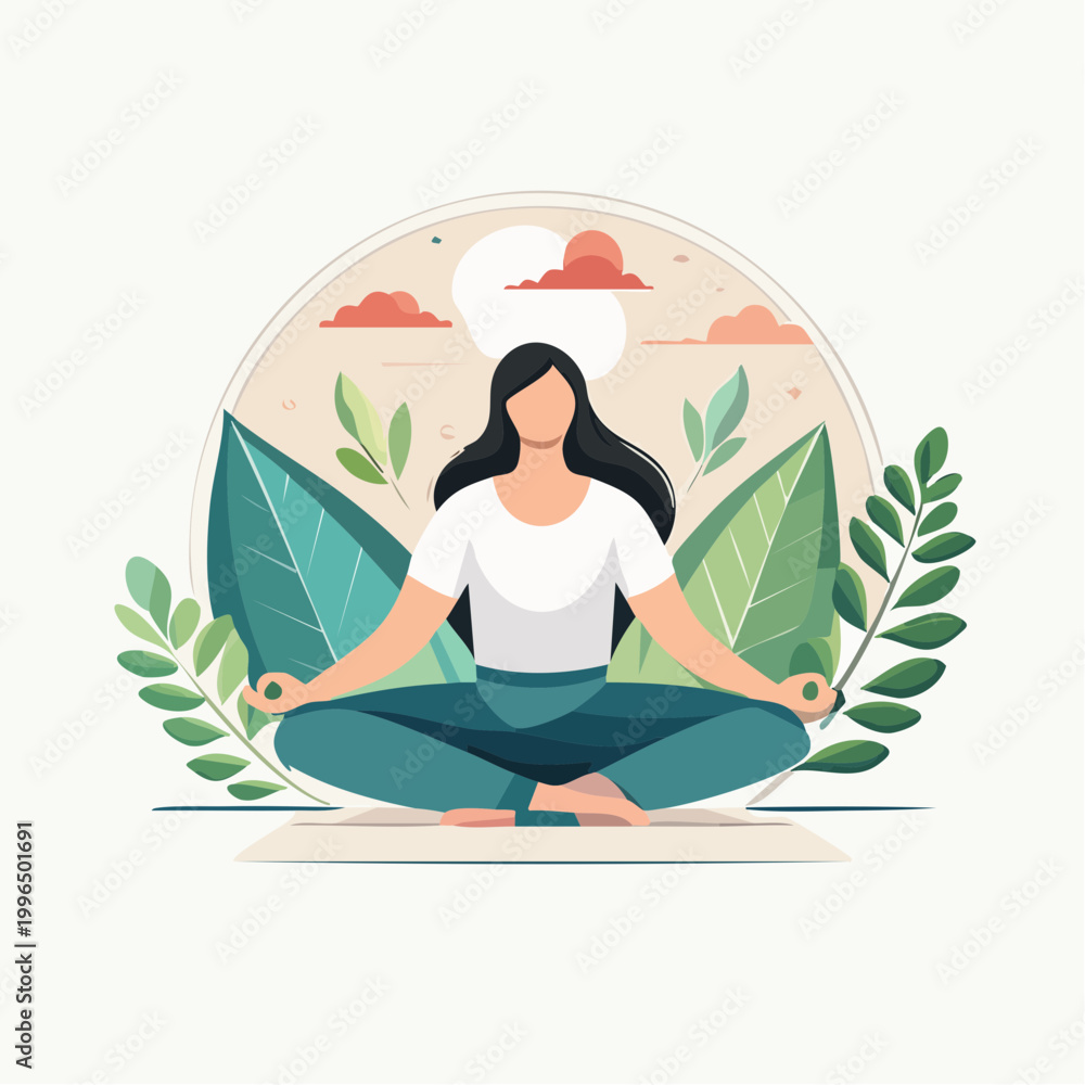 Obraz premium Serene woman meditating in lotus pose surrounded by lush green foliage
