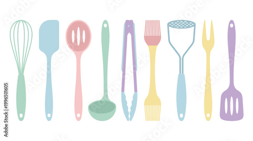 Colorful kitchen utensils for cooking and baking