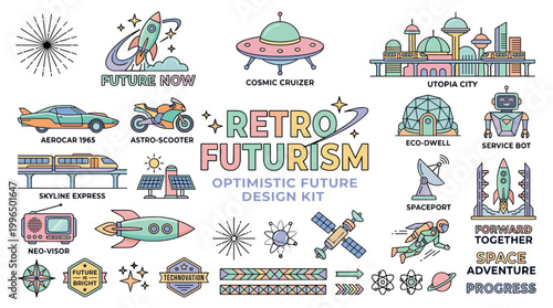 Retro futuristic optimistic design kit with colorful illustrations