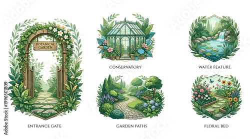 Collection of garden illustrations with floral wreaths and entrance gates