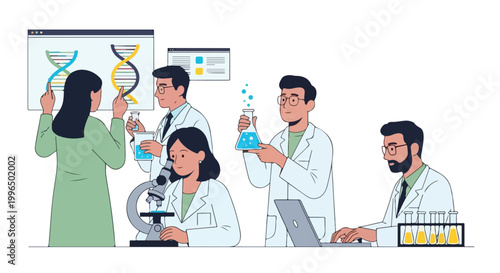 Professional scientists and researchers collaborate in a modern laboratory, using microscopes and digital technology for advanced genetic study.