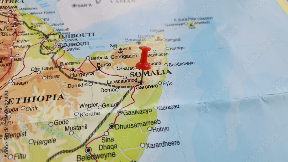 Obraz premium View of Las Anod, is the administrative capital of the Sool region, currently controlled by North Eastern State of Somalia, on a geographical map of Africa, marked with red push pin