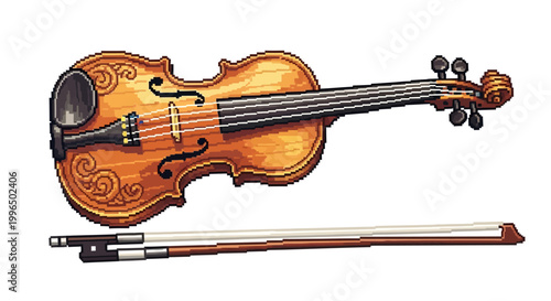 A beautifully crafted wooden violin with intricate carvings and a matching bow.