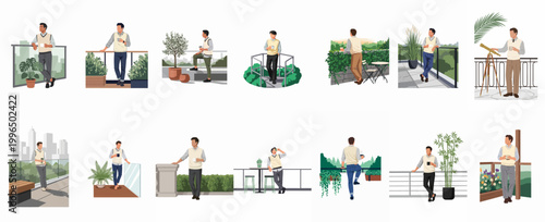 Εκτύπωση καμβά Collection of flat illustrations featuring a man in business casual attire relaxing and drinking coffee on various modern balconies and garden terraces