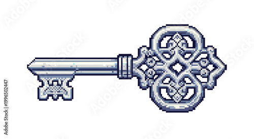 Antique Ornate Silver Skeleton Key Illustration.