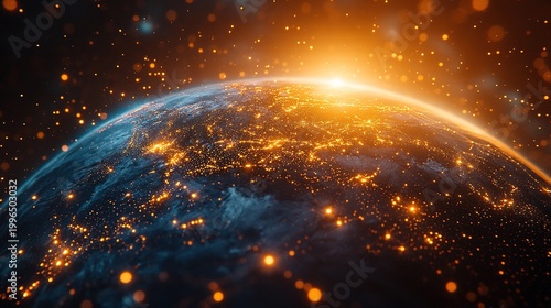 A 3D Earth viewed from space, surrounded by flowing data streams and blue-gold fiber optic traces, against a dark cosmic backdrop, futuristic global networks, and digital interconnectivity.