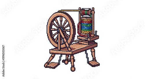 Antique wooden spinning wheel with colorful threads.