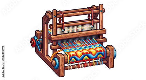 Antique Wooden Loom with Colorful Woven Fabric.