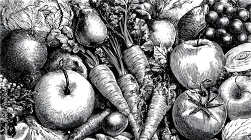 Engraving-style vector illustration of vegetables and fruits