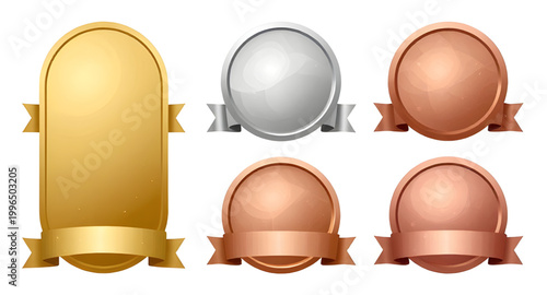 award medal set, gold silver bronze medals, winner badges, ranking icons, first place award, second place award, third place award, achievement seals, prize badges, quality certification, champion med
