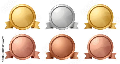 award medal set, gold silver bronze medals, winner badges, ranking icons, first place award, second place award, third place award, achievement seals, prize badges, quality certification, champion med